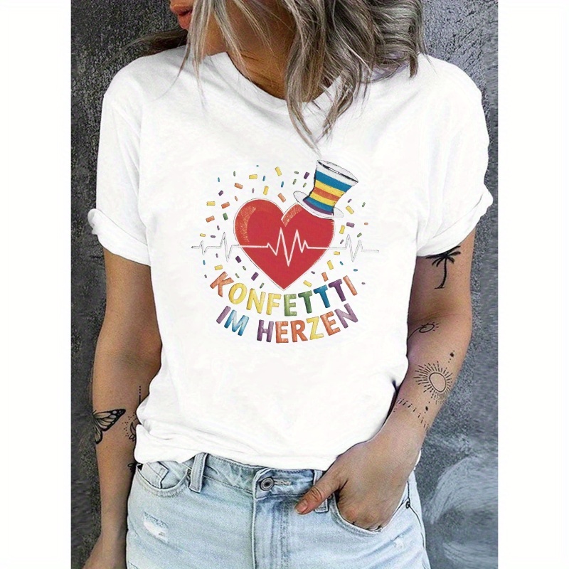 

Heart With Confetti And Print T-shirt, Short Sleeve Crew Neck Casual Top For Summer & Spring, Women's Clothing