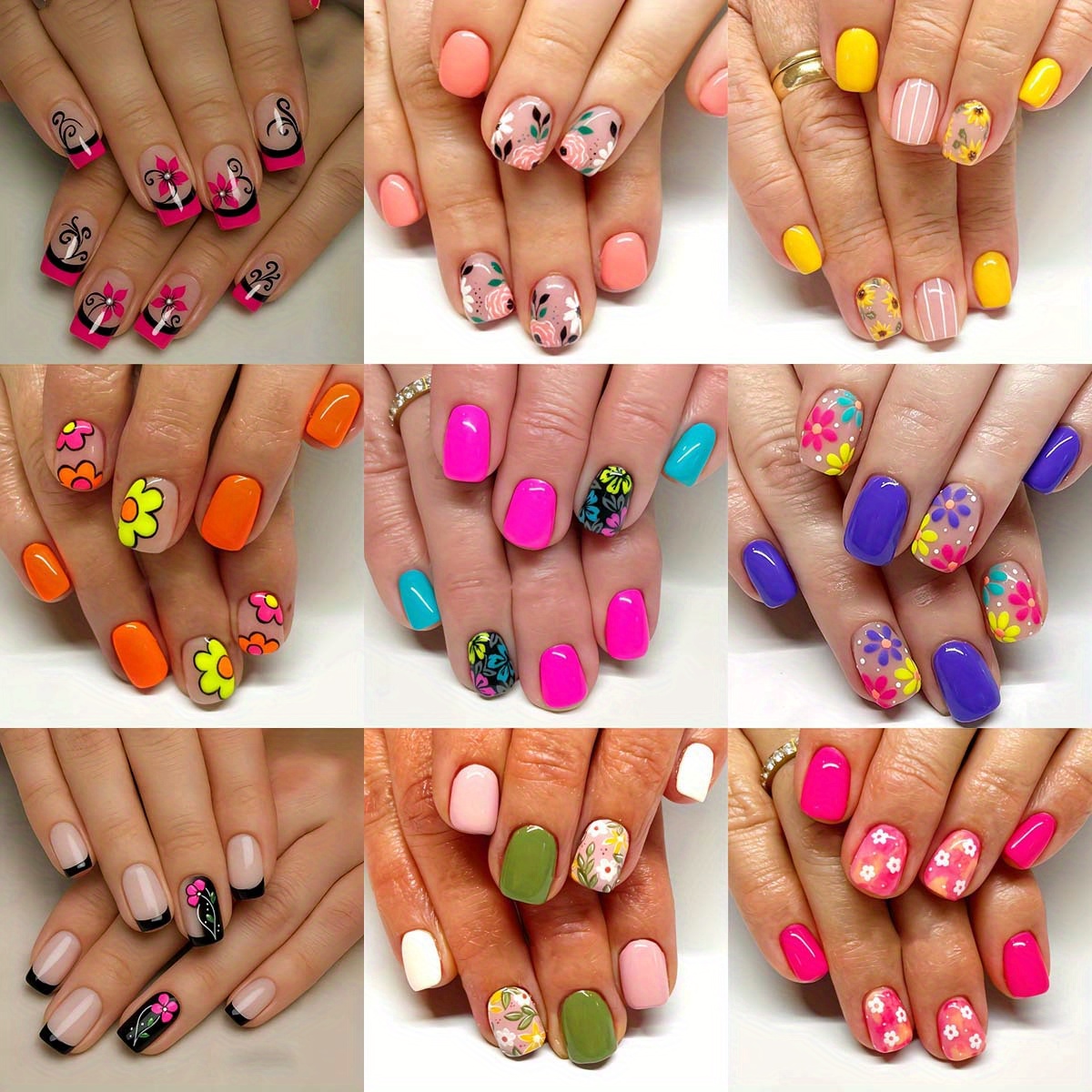 TEMU Flowers Press On Nails Short Square Fake Nails Spring 216pcs (9 Pack) False Nails Glossy Cute Acrylic Nails Full Cover, Glue Stick On Nails For Women's Manicure & Nail Art Set