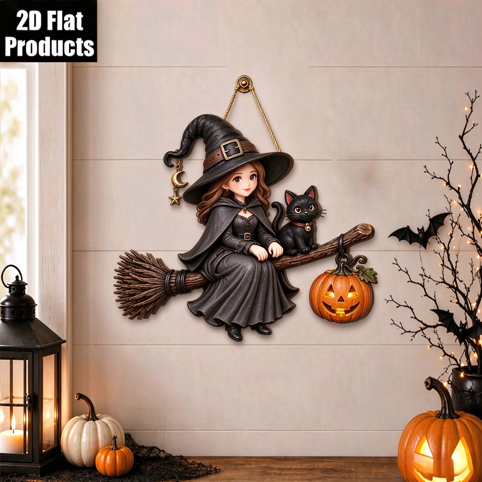 TEMU Piatto 2D, Appendiporta Strega con Piatto 2D, 1 pz, Strega di Halloween con e Zucca, Decorazione da Parete per Porta d' - Stile Horror, Nessuna