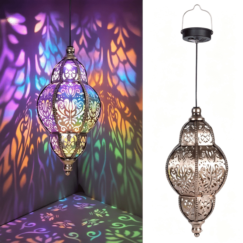 TEMU 1pc Solar Hanging Lantern Light Colorful Led Decorative Lamp, Outdoor Hanging Lantern With Hollow Pattern Projection, Solar Powered Garden Patio