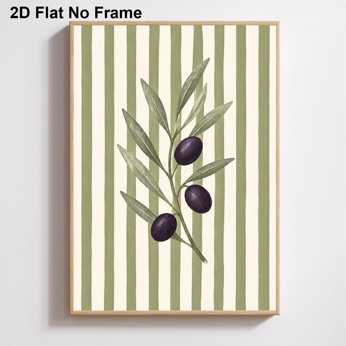 TEMU 2d Flat, 2d Flat, 1pc Frameless Canvas Poster, With Green Leaves And Purple Olives On Vertical Striped Background, Wall Art Canvas Painting,