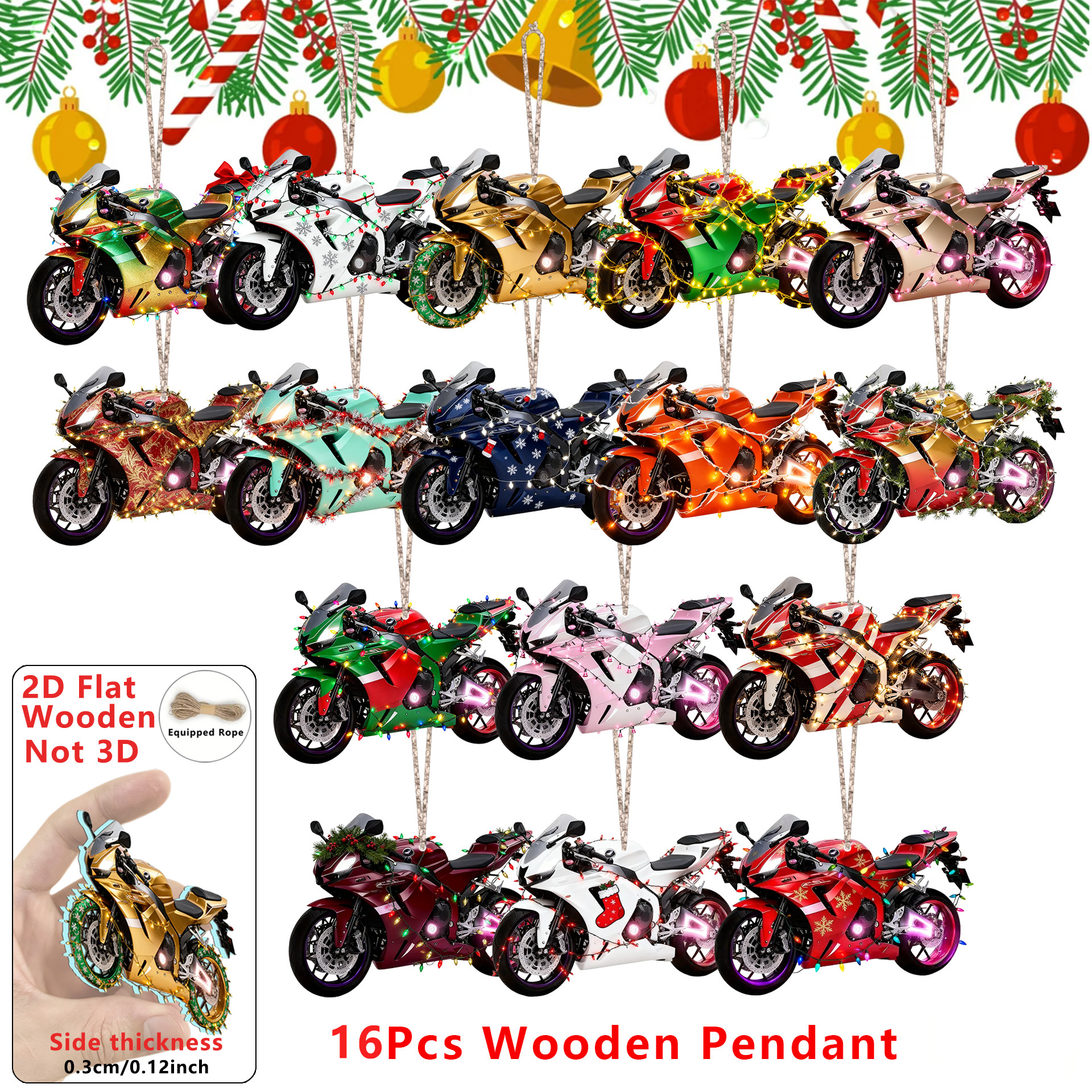 TEMU 2d Flat - 2d Flat - Gift For Her/him 2d Flat-16pcs Chic Christmas Moto Racing Wooden Pendant, Enthusiast Pendant For Home Decoration, Office