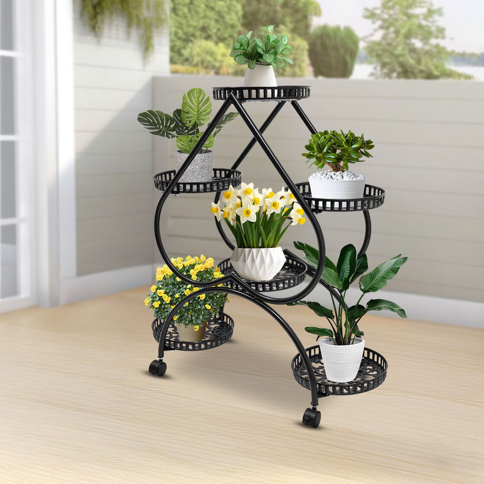 

4-tier Metal Plant Stand With Wheels, 6 Potted Plant Shelf, Black Floor-standing Holder For Home, Balcony, Patio, Garden - Heart-shaped, , Corner, Shelf