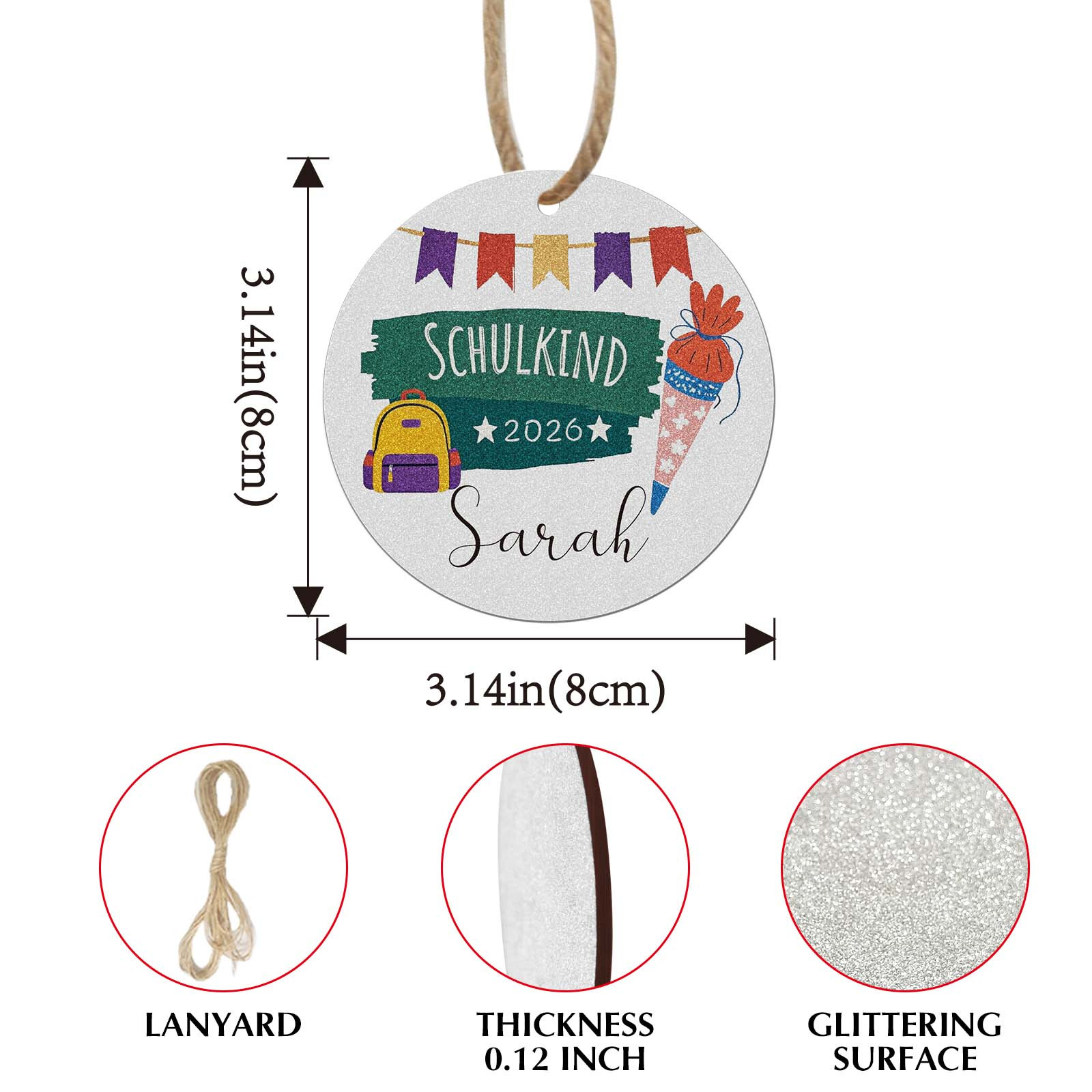 TEMU 1pc Personalized German Back-to-school Ornament, Holiday Pendant, Hanging Decor Party Decoration, Personalized Name, Silvery Shimmering Pendant,