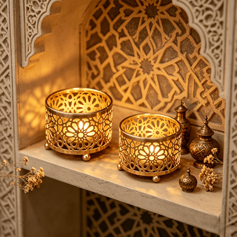 TEMU Set Of 2 Classic Golden& Black Candle Holders| Vintage Hollow Iron Candle Stands Home Decor Living Room& Bedroom, Wedding& Party Table