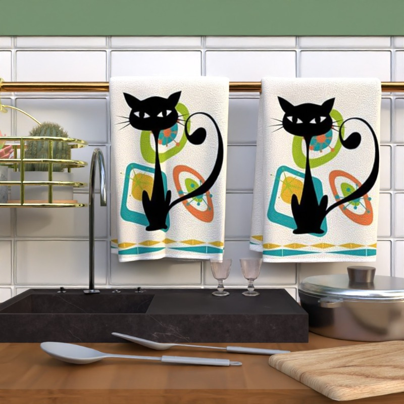 

2pcs Super Soft Polyester Kitchen Towels, Woven Cat-themed Dish Cloths, Contemporary Style, Machine Washable, Oblong Towels, With Vintage Cat Design, For Cat Lovers, Ideal Gift And Home Decor