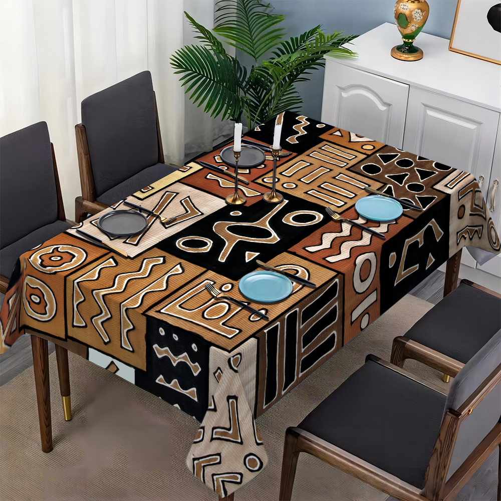 TEMU ["1pc] Nappe rectangulaire imprimée avec motif de symbole de style ethnique africain, nappe d'extérieur pour fête, nappe colorée adaptée pour