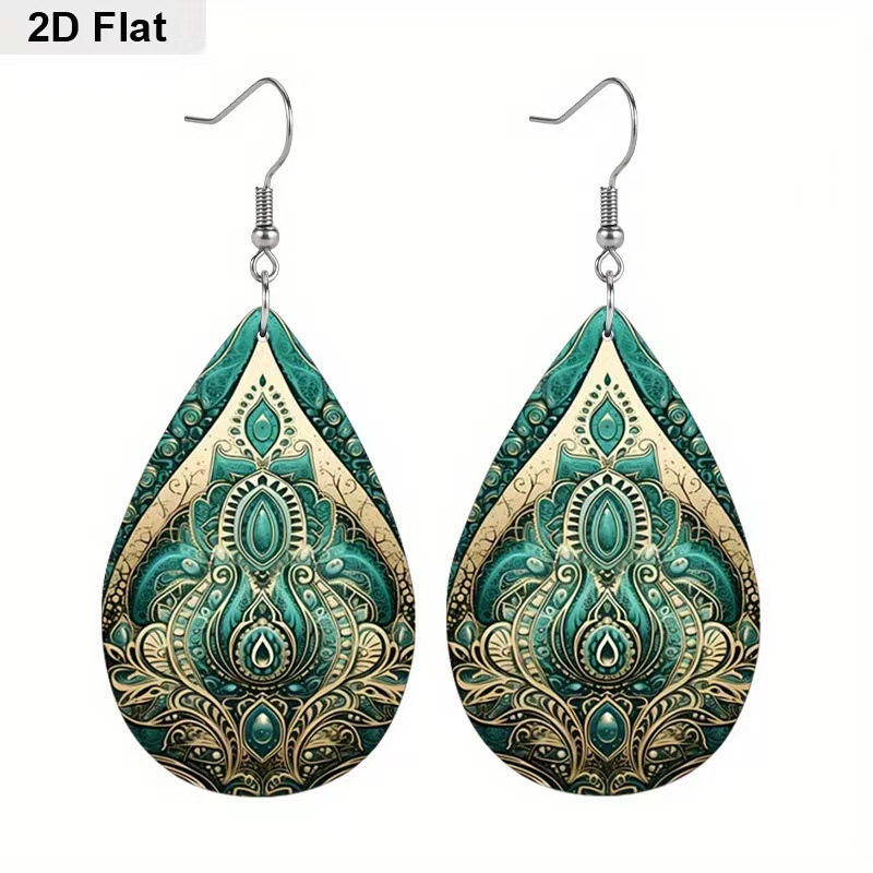 E-shop 2D Flache Grüne Boho Muster Wassertröpfchen Acryl Ohrringe für Damen, Elegante Ohrbügel für Geburtstagsfeiern