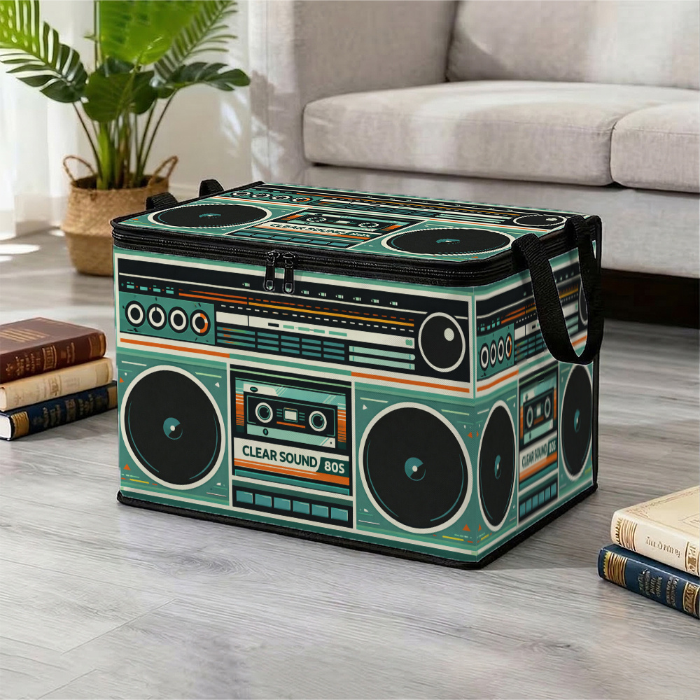 TEMU 1pc Retro Foldable Zipper Storage Box - And Music Wrapped . Suitable For Storing Clothes, Ideal For Organizing Supplies, Under-bed Storage,