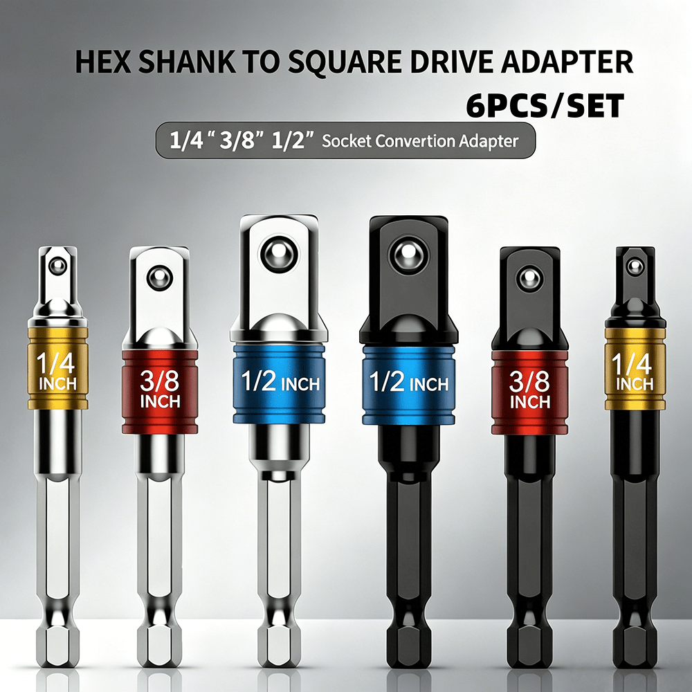 TEMU 6pcs Impact Grade Socket Wrench Adapter Extension Set 1/4'', 3/8'', 1/2'' - Hex Shank, Square Head, Extension Drill Bits, Bar Power Tools -
