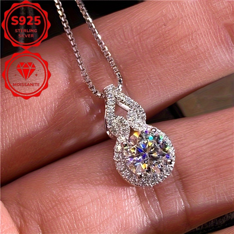 TEMU Collier Élégant en Argent S925 avec Moissanite de 2 Carats - Pendentif de , Bijoux de Mariage Classiques - Accessoires pour Femmes, Cadeau de