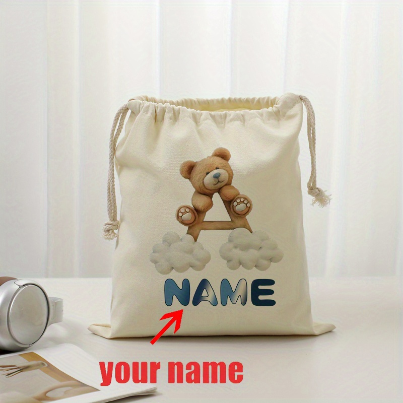TEMU 1pc Personalized Cloud Bear & Alphabet Print Travel Pouch - Custom Name Drawstring Storage Organizer For Hair Dryer, Jewelry, Accessories -
