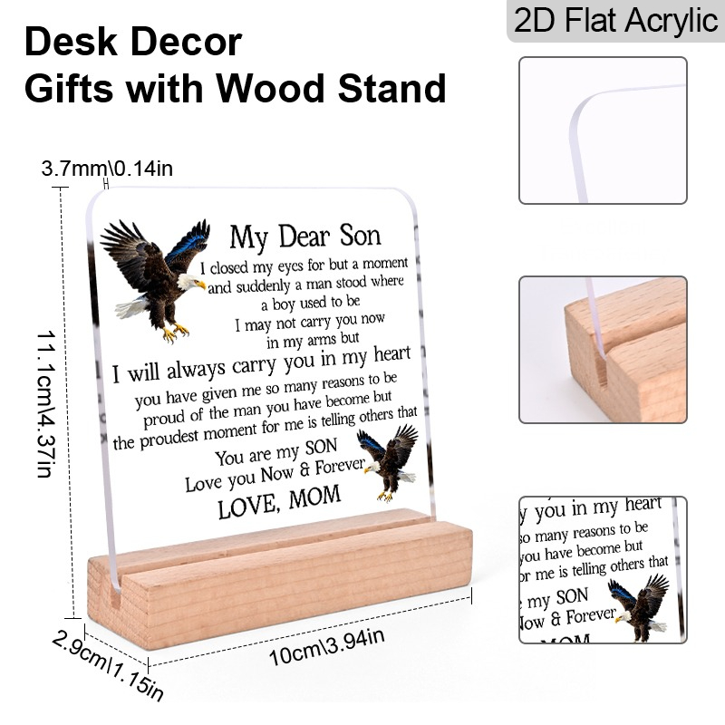 TEMU 2d Flat, 1pc Gift From Mom Acrylic Desk Decor - ' Son I Will Carry You In My Heart' | Acrylic Sign For Birthday & Graduation, On The Desktop Of