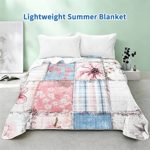 Artikelbild . weiche, 2d-bedruckte, leichte mikrofaser-bettdecke, -blumen- und karomuster, durchgehende füllung, keine , atmungsaktive - -quilt, ganzjährig warme und kühlende bettwäsche für zuhause, hotel, wohnzimmer, queen, full, twin größen