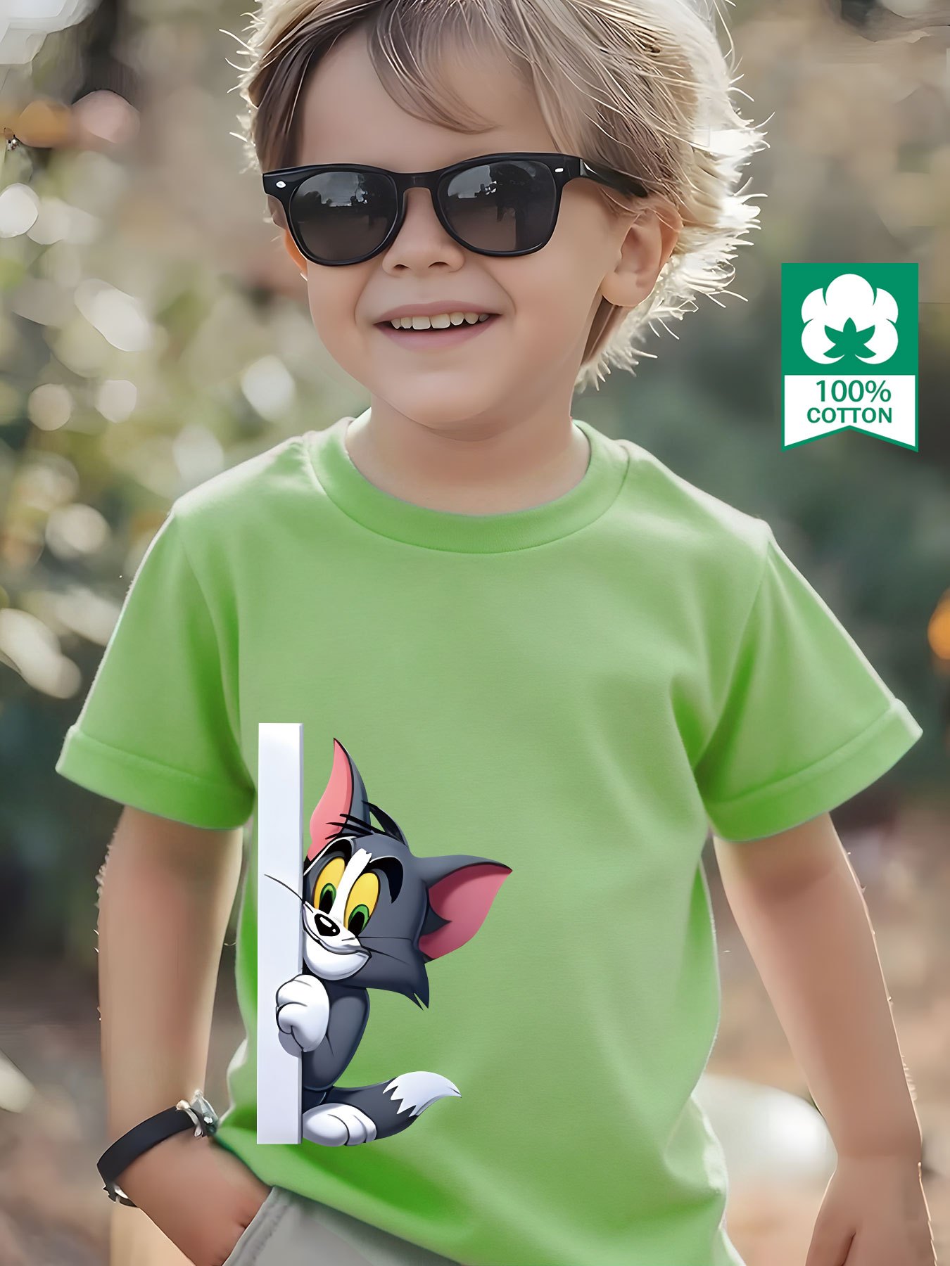 100% Pure Knitted Short-Sleeve T-Shirt, Breathable And Sweat-Absorbing, a Casual And Versatile Round-Neck Short-Sleeve Top for Boys, Featuring a Cute TOM And JERRY Cartoon Print, Machine Washable - Available in 10 Options, Sweat-Resistant
