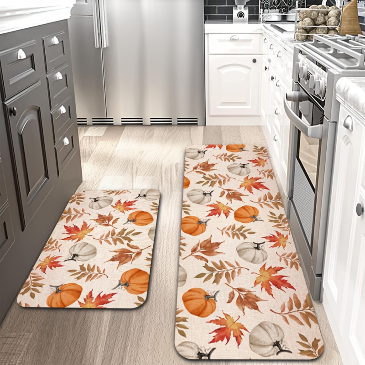 TEMU 2pcs Set, Farmhouse- Mat Set, Featuring Autumn Maple Leaf And Pumpkin Patterns, Festive, Soft Flannel Long Mat, Suitable For The Sink Area,