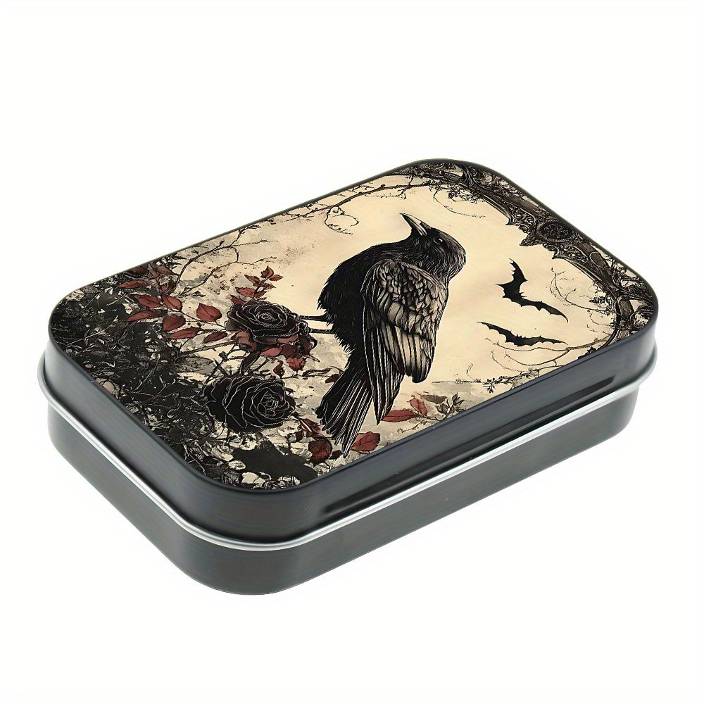 TEMU 1pc Gothic Crow & Bat Metal Tin Box - Vintage-inspired Metal Storage Container With Snap Closure, Durable Metal Material, Portable Rectangular