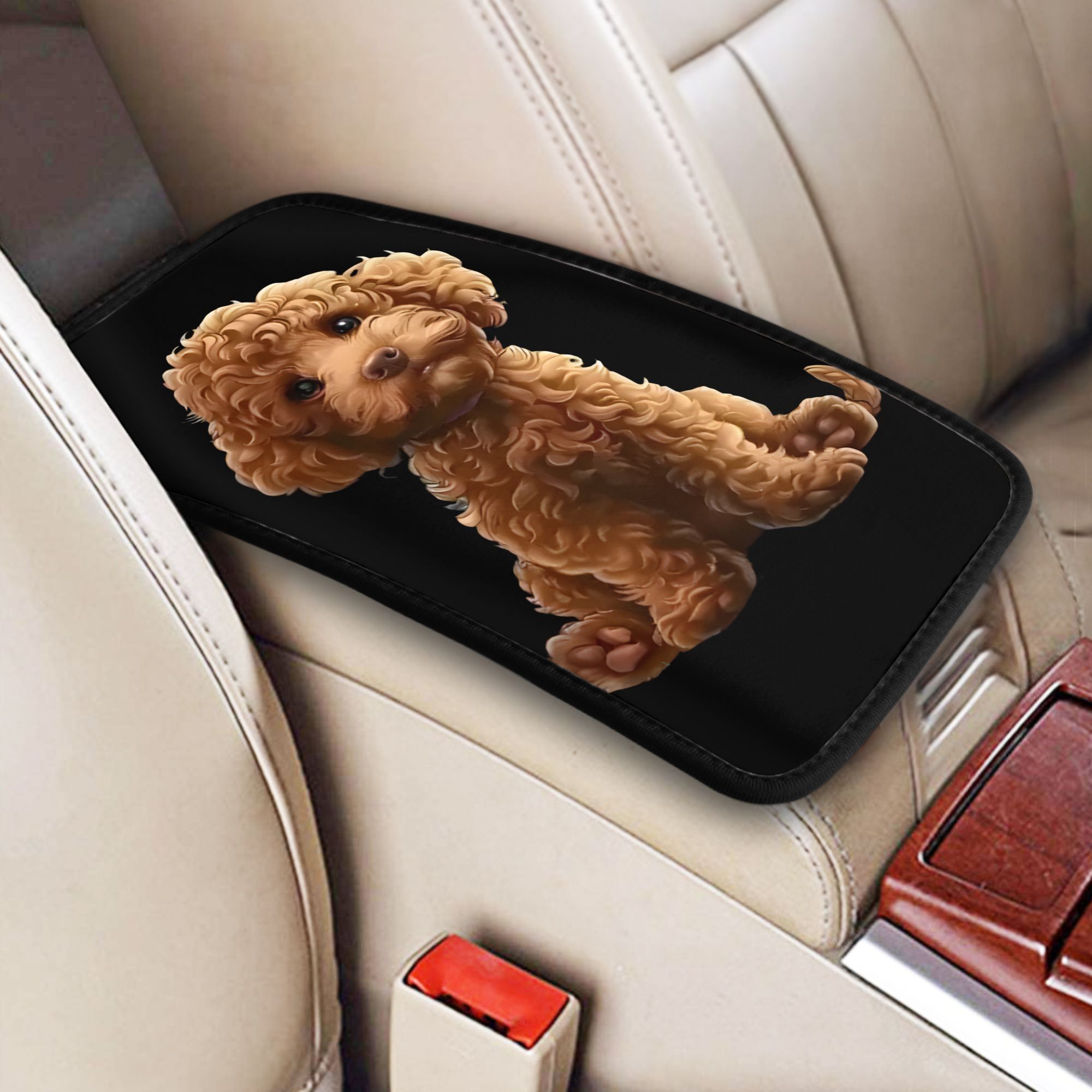 TEMU A Single Adorable Poodle Puppy Car Armrest Pad That Provides A Comfortable Cushion For The Center Console. This Durable And Universal Interior