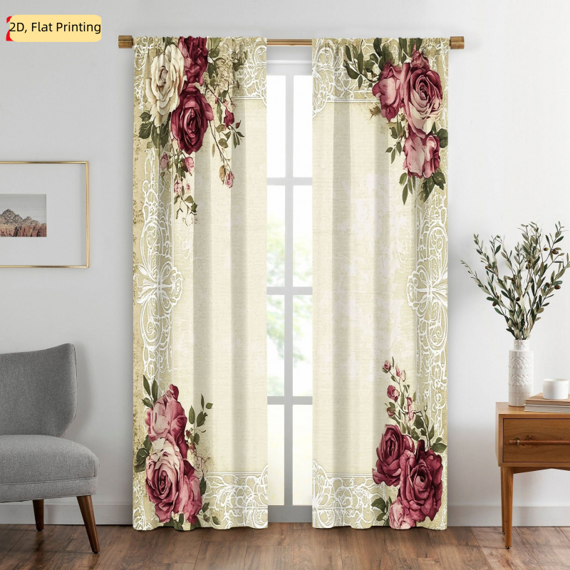 item picture   2pcs   room decor curtains lace frame curtain beige textured backing with ornate white floral   and rose corner embellishments   vintage     suitable for bedroom and living room