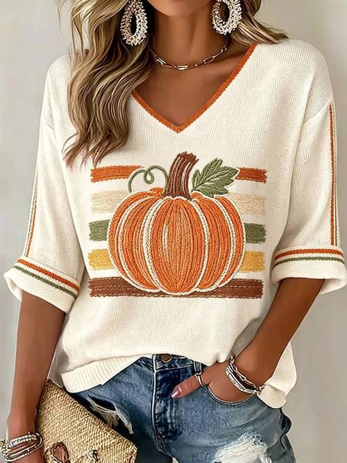 item picture y2k fashion women striped trim v neck rolled 3 4 sleeve top retro pumpkin stripe graphic blouse casual loose autumn halloween harvest daily ladies soft fashion shirt