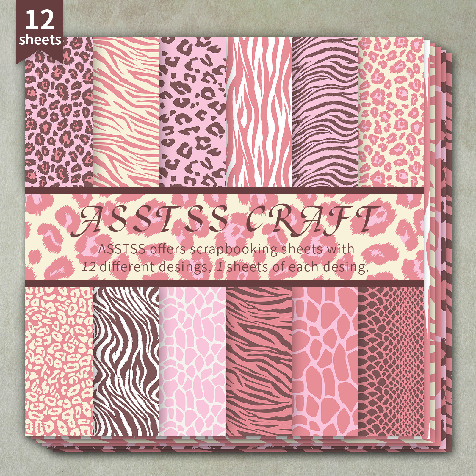 TEMU Lot de 12 feuilles de papier scrapbooking ASSTSS de pouces, papier de base rose à motif animalier style minimaliste, papier cartonné épais pour