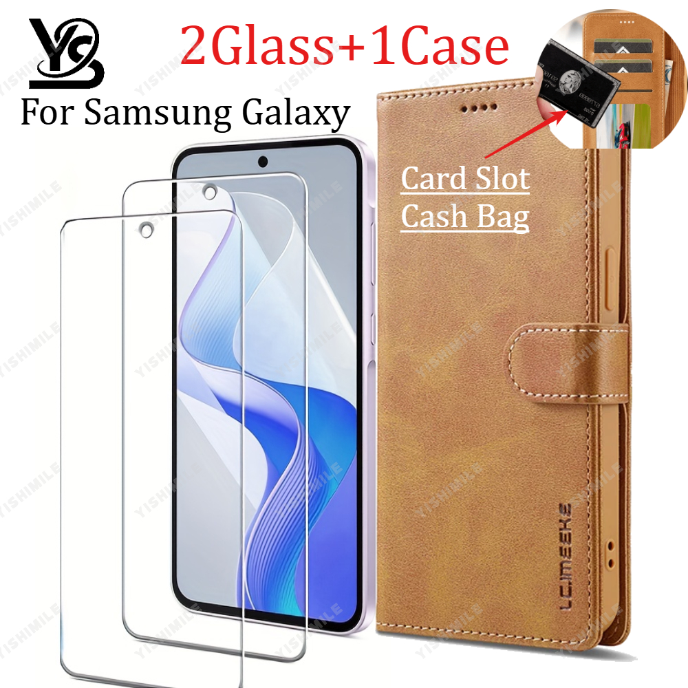 TEMU [3in1] 1pc Brown Flip Phone Case With Cards Bag/cash Slot+2pcs Hd Tempered Glass Screen Protectors, For Galaxy S22 S22+ S23 S23+ S24 S24+ S24u