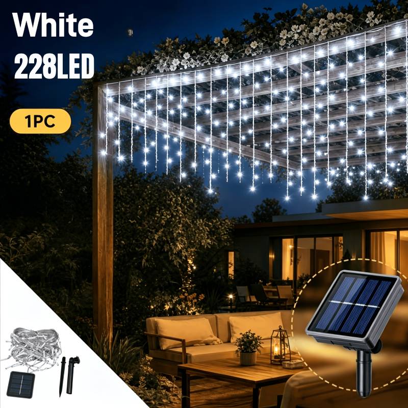 TEMU Solar Outdoor Icicle Lights-228/162/96 Leds, Ip44 Rating, 8 , Curtain-style Fairy Lights, Solar-powered Automatic Outdoor Lights With Memory