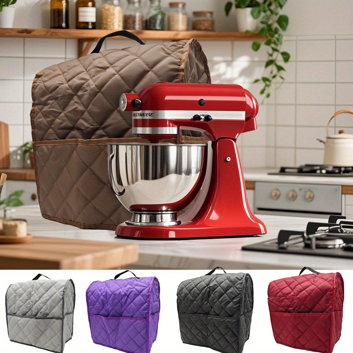TEMU 1pc Upright Blender Dust Cover With Side Storage Pocket And Handle, Made Of Quilted Polyester Diamond Pattern For Home Dust Protection