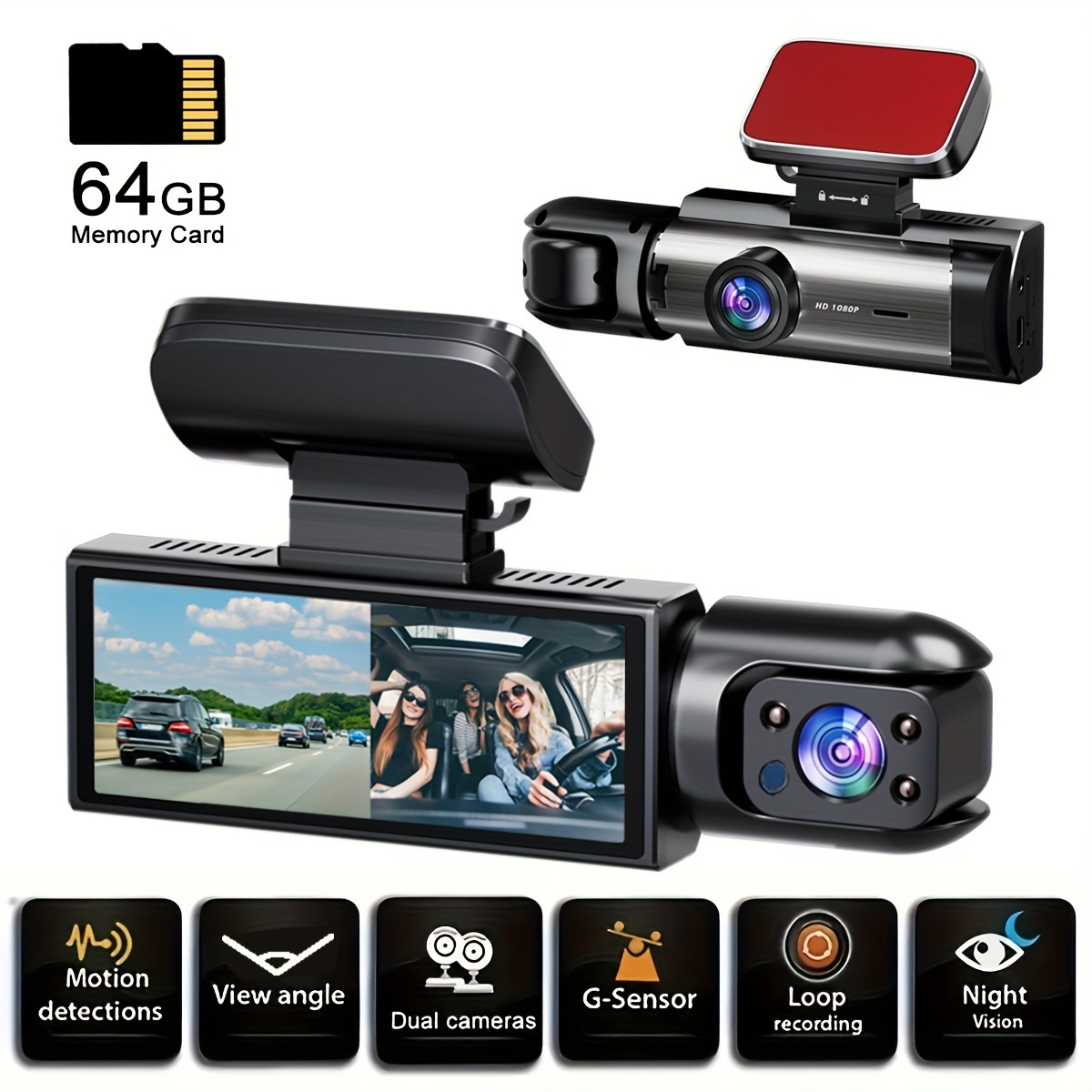 TEMU 1pc 1080p Cam , And Ir , , 30fps, 3.16" Ips , 12-24v Car Dvr Rechargeable Battery, ,