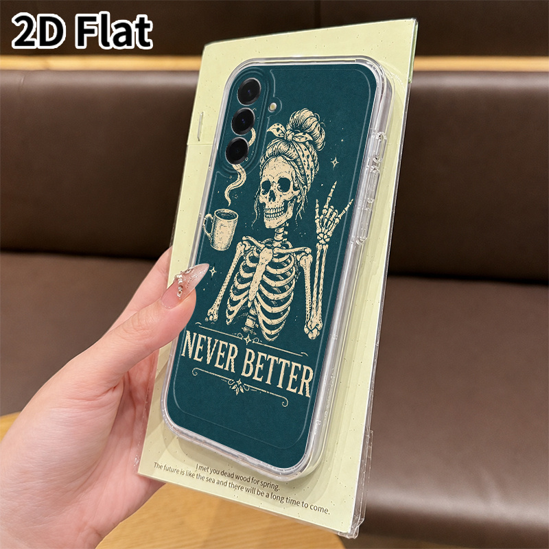 휴대폰 케이스: 2d 평면 해골 캐주얼 커피 그래픽 휴대폰 케이스, 삼성 갤럭시 a05s, a06, a17, a21s, a22, a56, s21 울트라, s22 플러스, s23+, s24 fe, s25 엣지에 적합. 만화 재미 투명 풀커버 tpu 휴대폰 케이스, 심플하고 스타일리시하며 귀여운 소프트 쉘, 낙하 방지 보호 커버, 트렌디하고 새로운 매력적인 패턴, 2d 평면