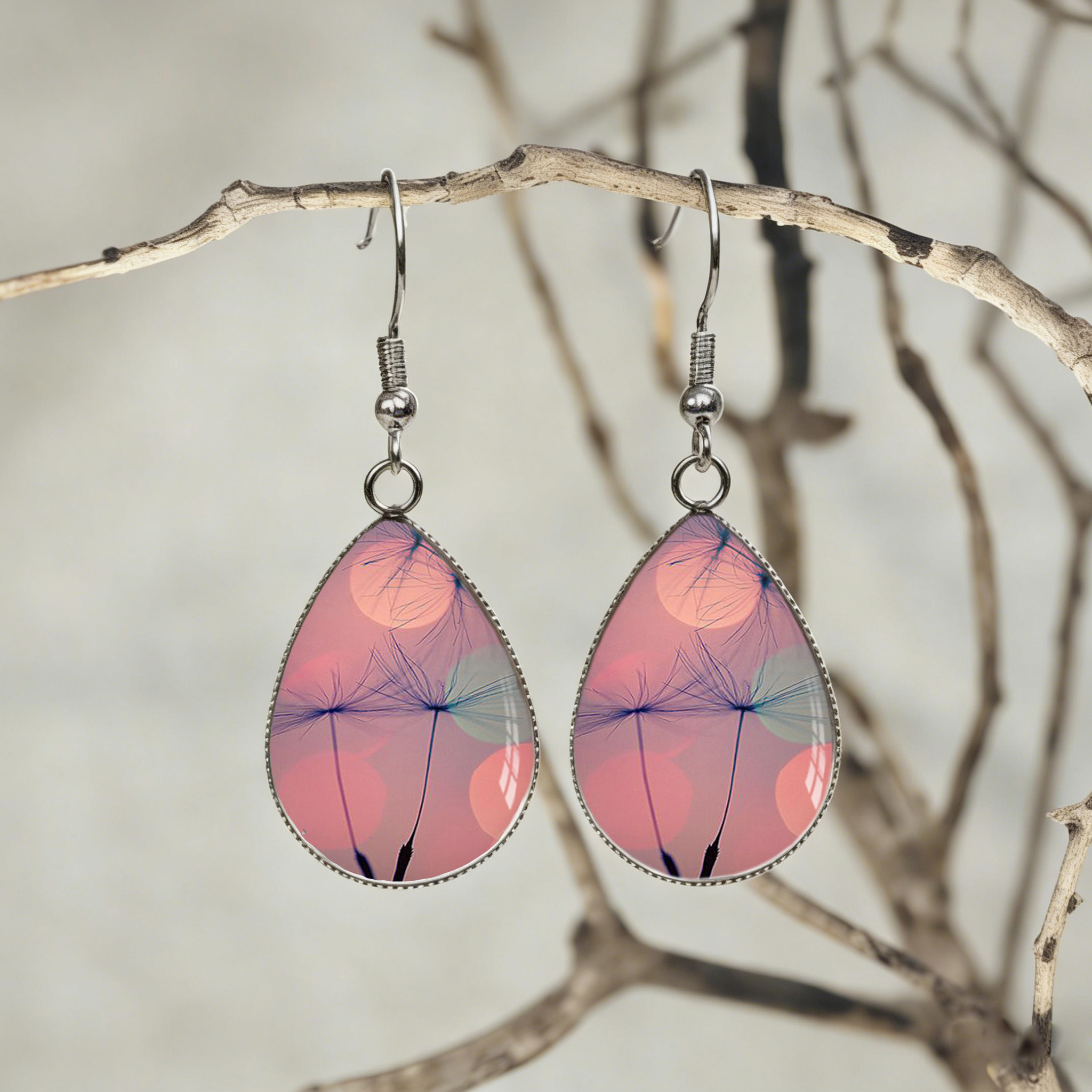 TEMU Handmade Dandelion Sunset Teardrop Earrings, Stainless Cabochon Jewelry, Gift For Her, Unisex Anniversary Gift, Boho Botanical Jewelry For