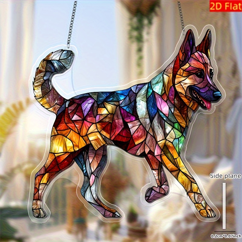 TEMU 2d Flat - A Vibrant 2d Acrylic Sun Catcher Featuring A German Shepherd, Perfect For Dog Lovers. This Colorful Mosaic Art Is Ideal For Decorating