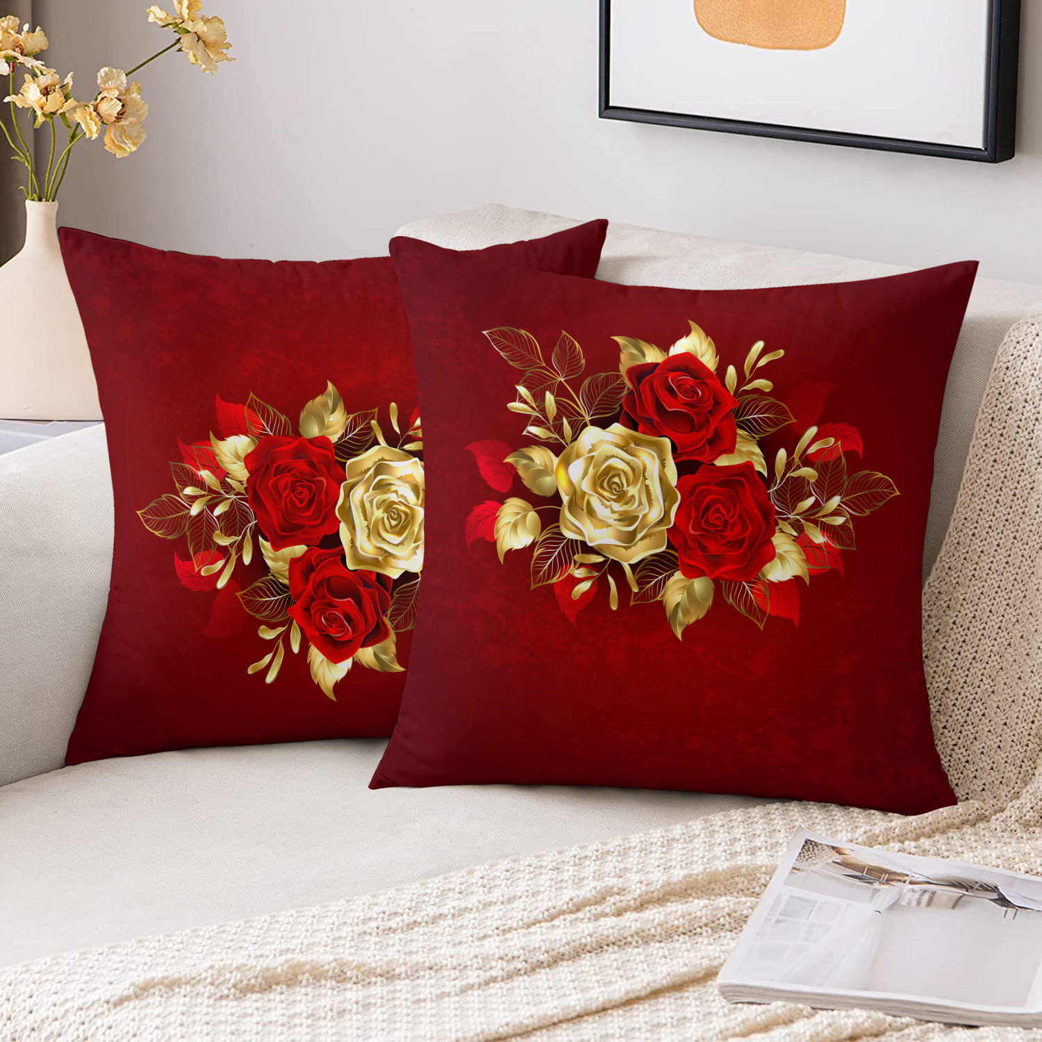 TEMU 2pcs Short Plush Cloth Fashion Red Base Red Rose Flower Golden Rose Pillowcase Double-sided Print 18in X 18in Easy Artistic Bedroom Living Room