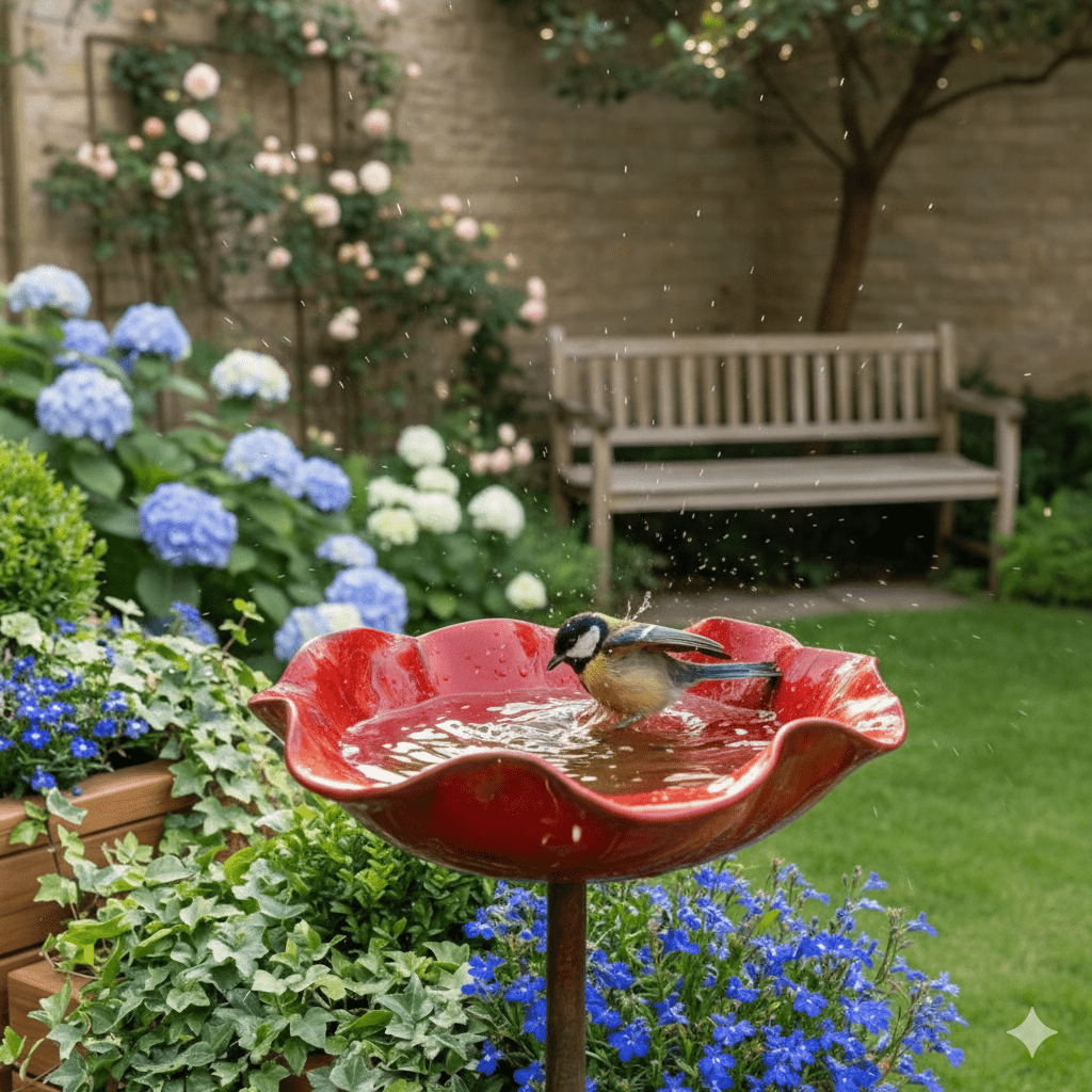 [3d] metall-vogeltränke in blütenblattform, vertikaler garten-wassernapf, außengartendekoration, trinkplatz für wildvögel,   für ostern, muttertag, st. georgstag, frühlings-gartenfest