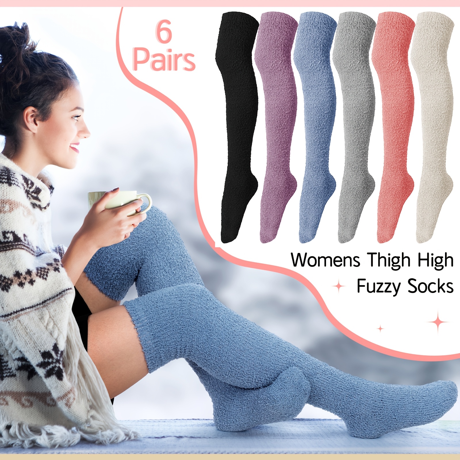 6 pair pack womens fleece lined thermal knee high socks plush soft warm slipper socks with   multi color options black   pink white beige machine washable multi color options for indoor bed use house shoes floor socks ideal for cold weather elderly   elegant cozy fleece lining multi color options   grey black white Product details 1