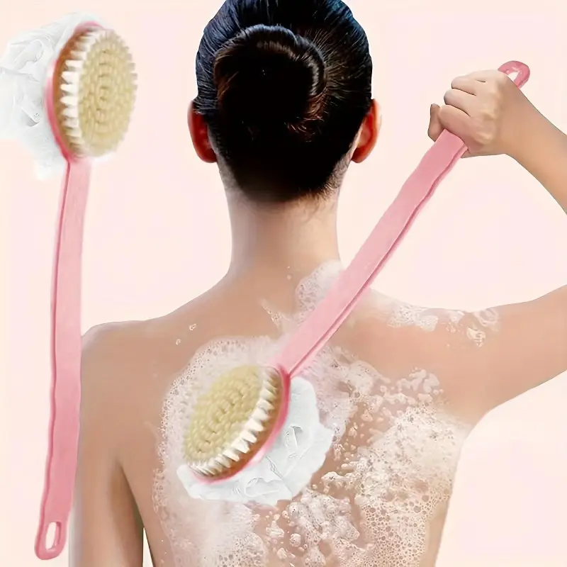 one soft bristle long handle shower brush with mesh foam japanese exfoliating back scrubber multifunctional 2 in 1 bath brush suitable for showers and light beige massage Product details 1