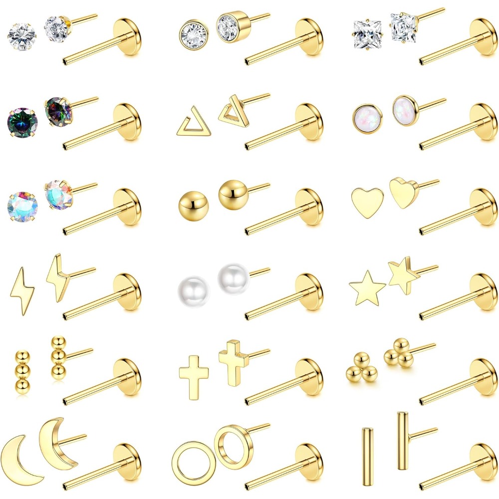 Image of 2d Flat, 18 Pairs 20g Labret Studs Tragus Piercing Jewellery Set Hypoallergenic Surgical Steel Flat Back Tragus Cartilage Earrings Golden Nose Studs Lip Piercing Jewellery 6/8mm