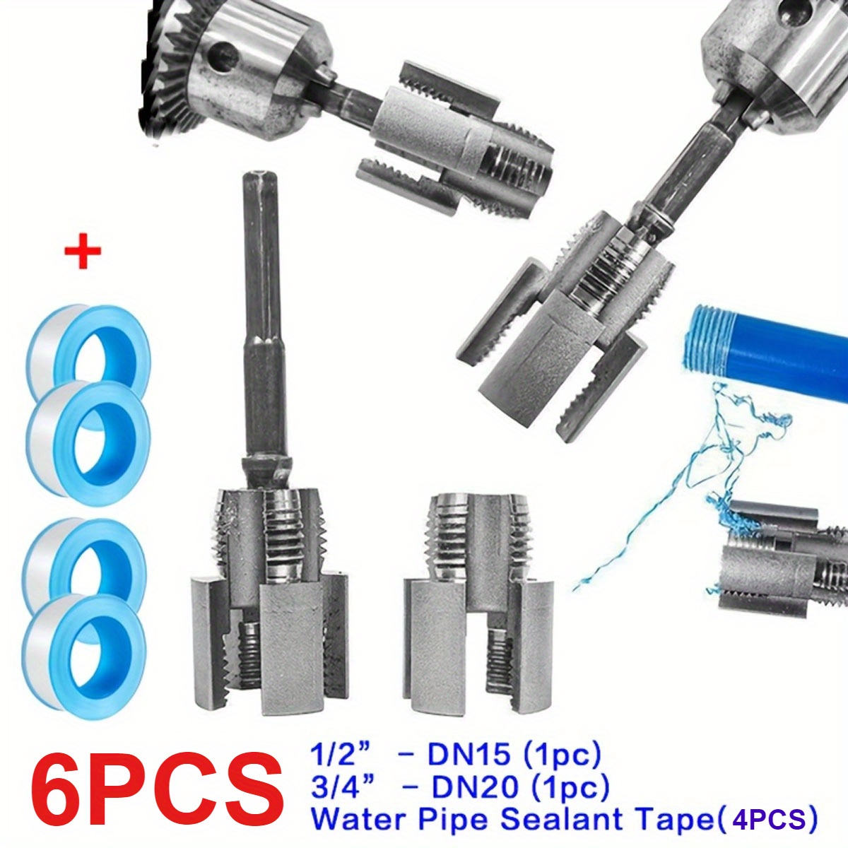 Image of 6 Sets (pvc Pipe Threading Tool+water Pipe Sealing Tape) +dn20, Electric Drill Type Threaded Water Pipe Opener, Pvc And Pipes 1/2+3/4 Inner And Outer 6 Sets, Heavy-duty Metal Pipe Repair Tool