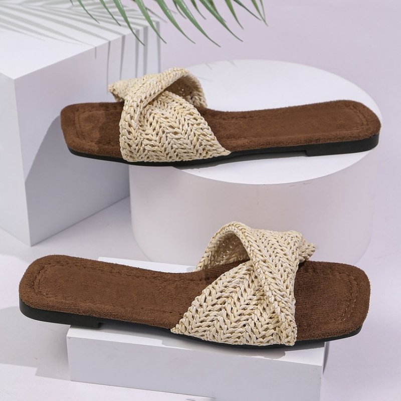 TEMU Women's Casual Versatile Summer New Arrival Plus Size Slippers, Solid Color Ethnic Style Woven Foldable -toe Slip-on With Square Toe, Contrast