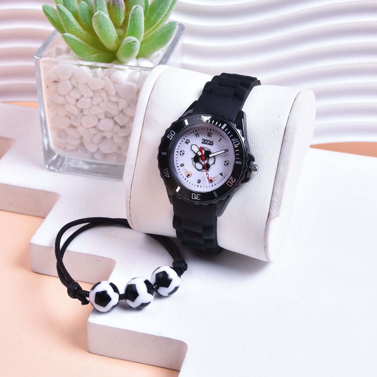 Image of 2pcs Set 2026 New Football Boys' Sports Watch, Silicone Strap Student Quartz Wristwatch, Adjustable Braided Rope Bracelet