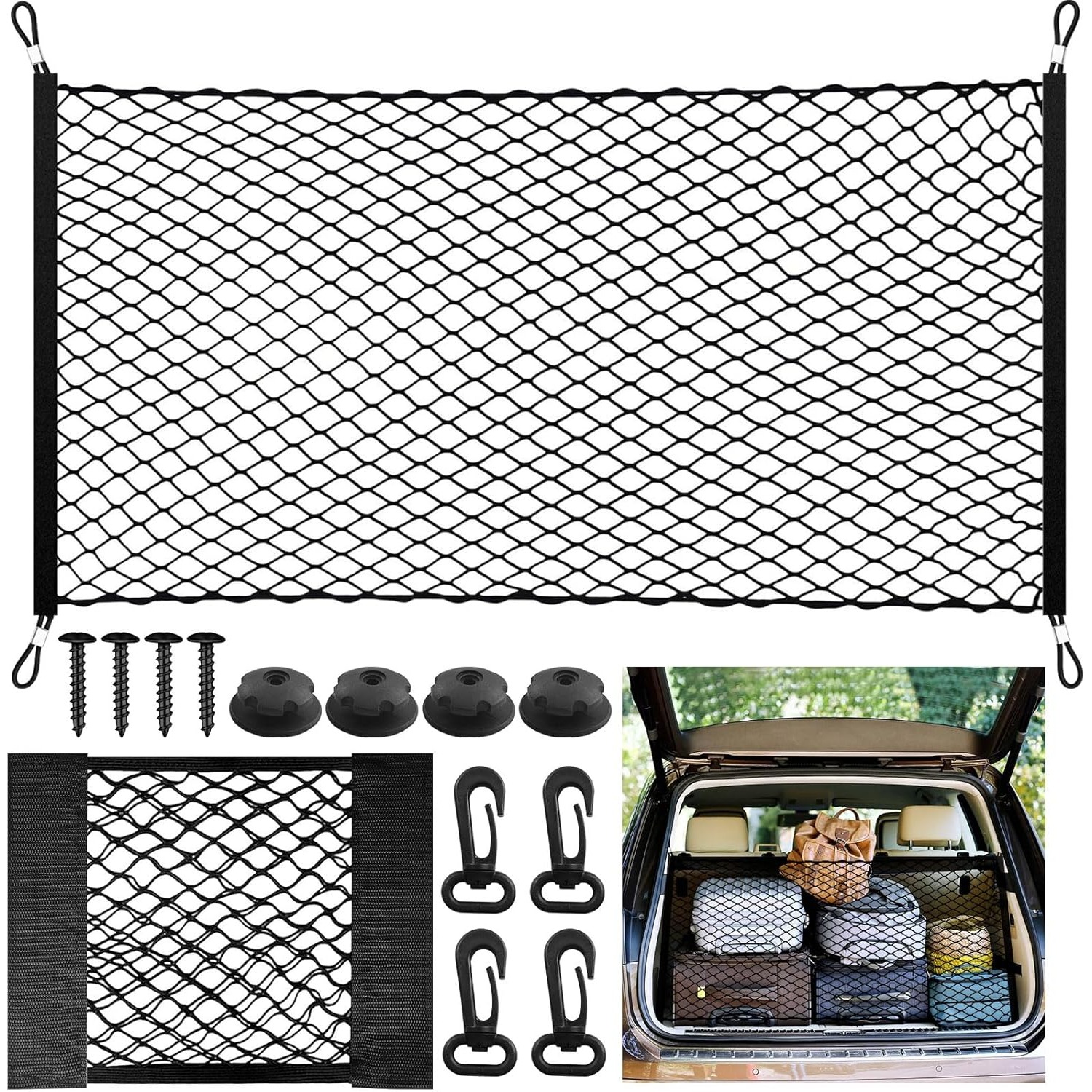 2pcs Car Trunk Network, 110x60cm Elastic Trunk Network Extends Up To 140*100cm, 30x25cm Storage Network, Trunk Car Organizer With 4 Buckles+4 Abs Hooks