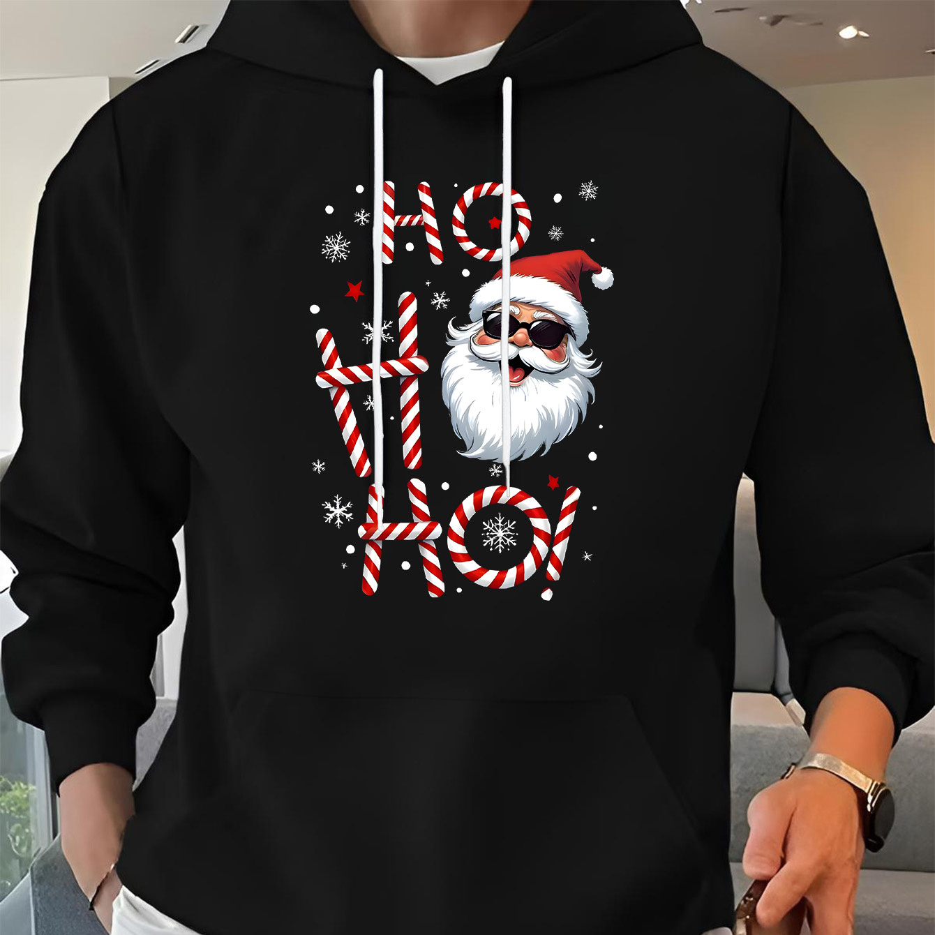 

Men's Christmas Hoodie With Santa & Candy Cane Graphic - Cozy Stretch Fabric, Front Pocket, Long Sleeve | Casual & For Fall/winter Wear