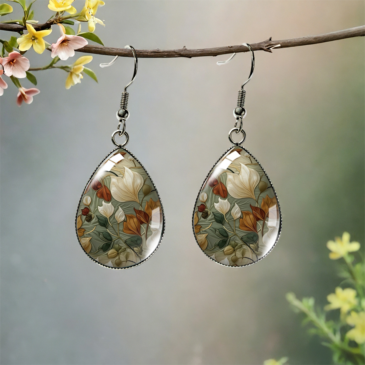 TEMU 1 Paire de Boucles d'Oreilles Pendantes de , Imprimé Floral et Feuillage Nostalgique Morandi aux Chauds, Boucles d'Oreilles Bohèmes Automnales