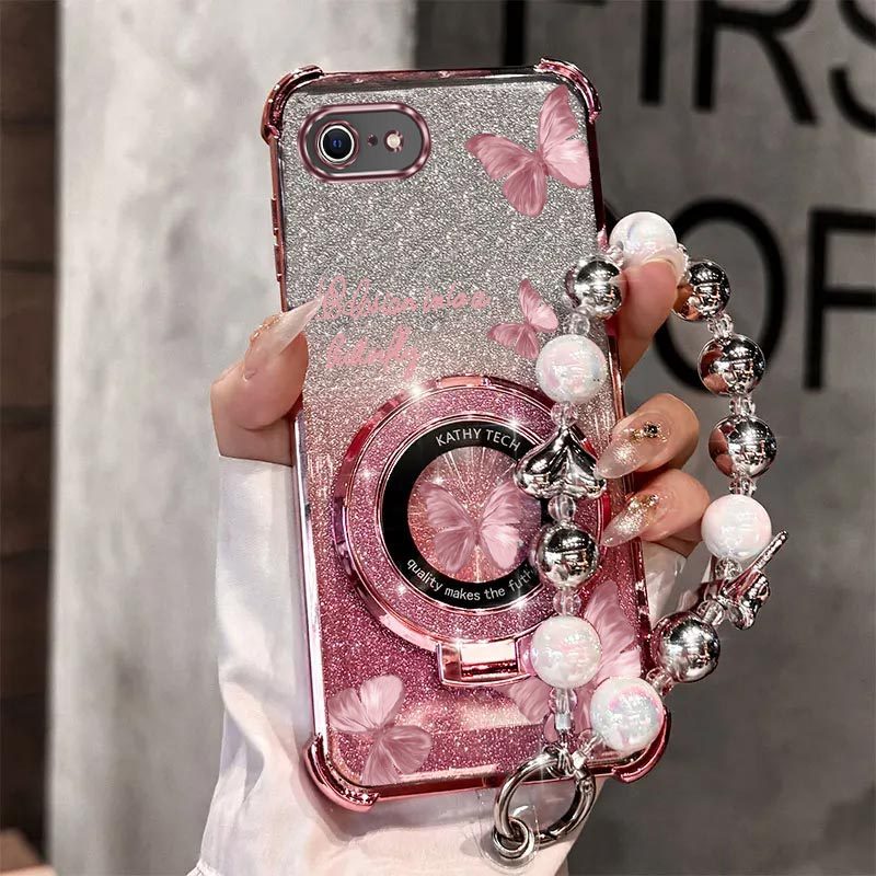 TEMU Étui téléphone : Dragonne perle magnétique pailletée avec support papillon pour iPhone 16e, -, -chute, support , ensemble de coque arrière