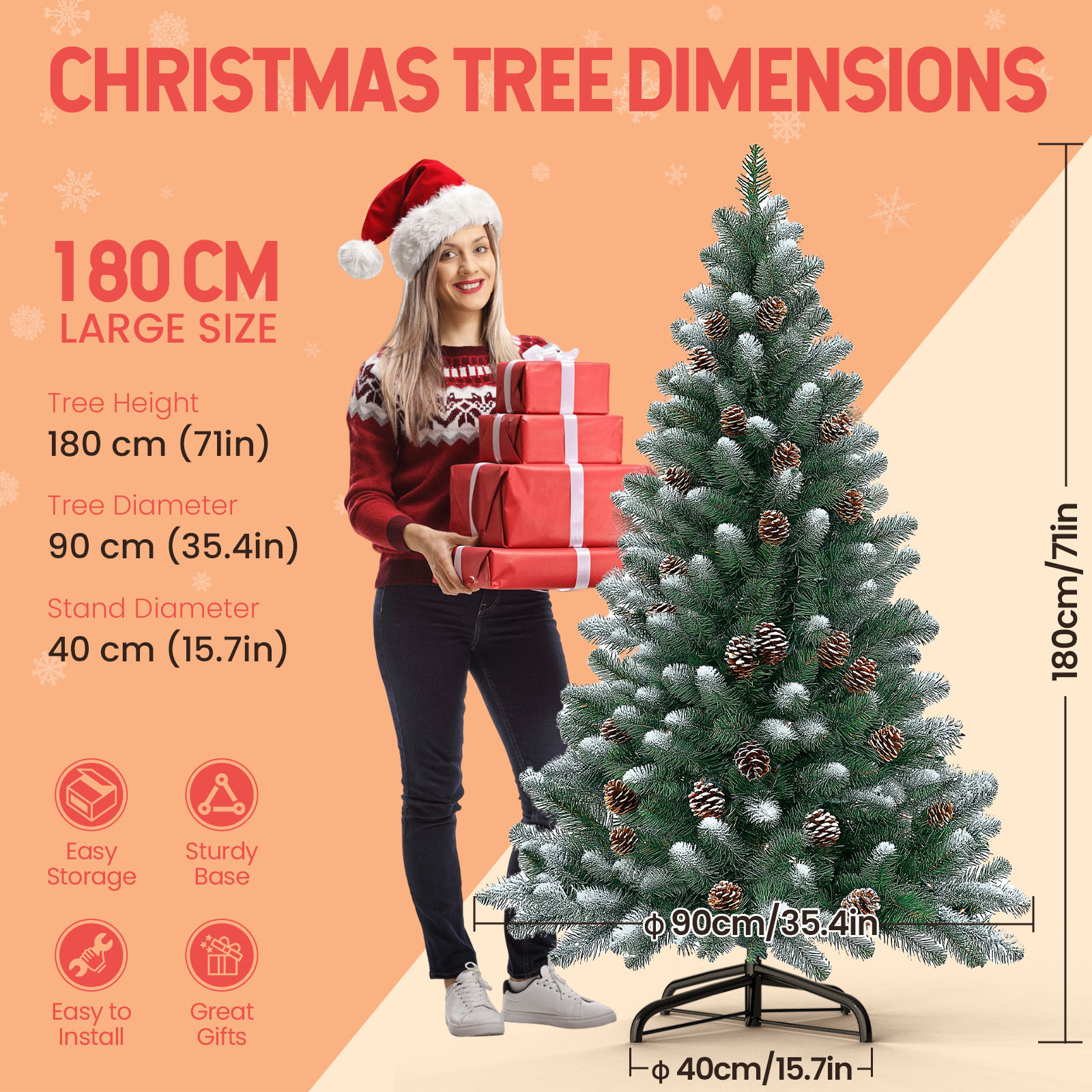 Image of Aweioo Pvc Christmas Tree, Artificial Christmas Tree With Metal Stand, Christmas Decoration, Green Pvc With Snow Effect