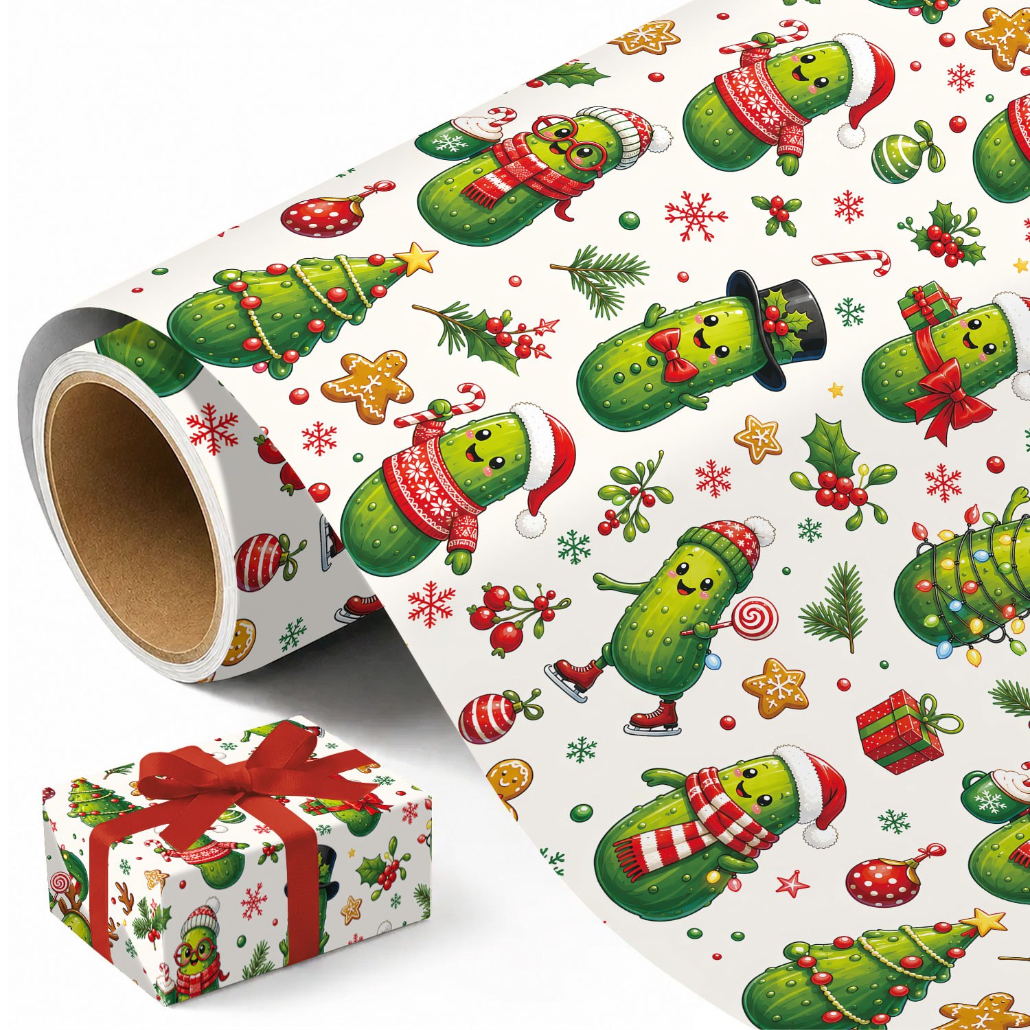 TEMU Roll Funny Pickle Christmas Wrapping Paper Suitable For Xmas Gifts, Diy Birthday Party Decorations With Pickles, Santa Hats, Gingerbread , Candy
