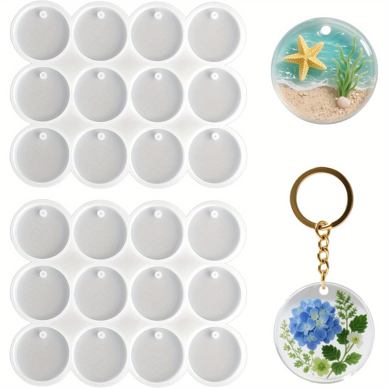 E-shop 2D Flat - 2 Stück 12-Loch Harz Schlüsselanhänger Formen, 1.18" Flache Kreis Silikonform mit Loch für Harzguss - Ideal für Ohrringe,