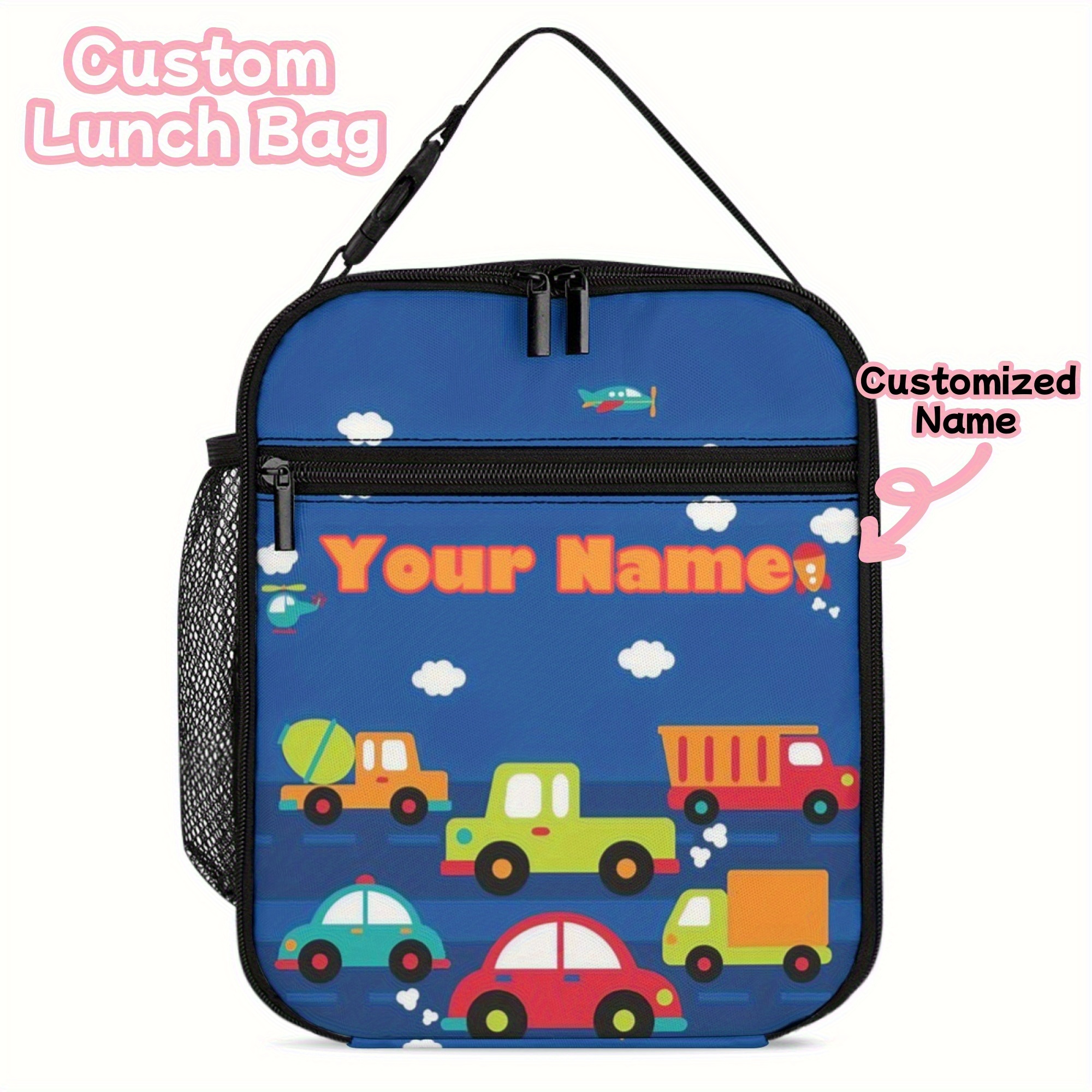 TEMU Non-food Contact,1pc Customizable Name Lunch Bag - Durable Oxford Cloth, Fun Car Pattern, Reusable & Portable, Ideal For School, Travel, Office,