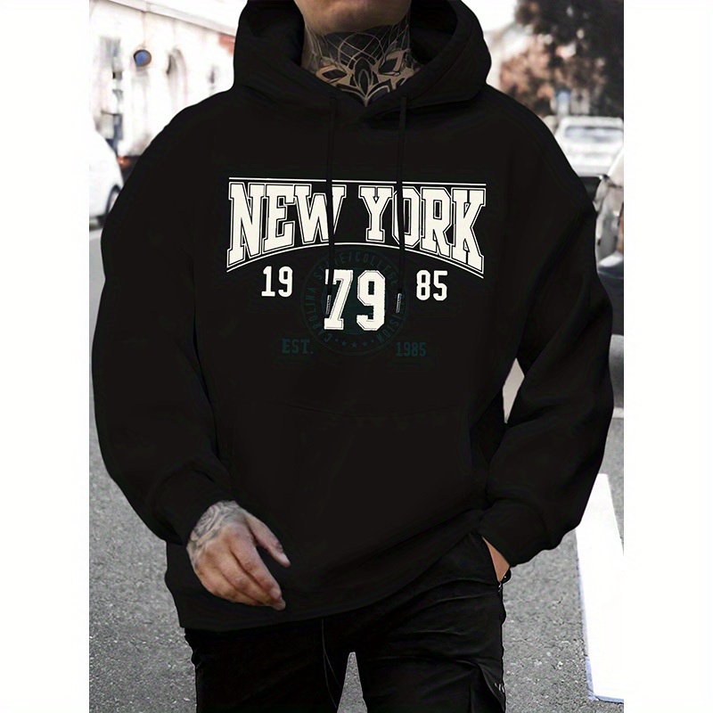 

New 1979 Est. Hoodie For Men, Casual Polyester Drawstring Pullover, Regular Fit, With Stretch, For Fall/winter Long Sleeve Hooded Sweatshirt