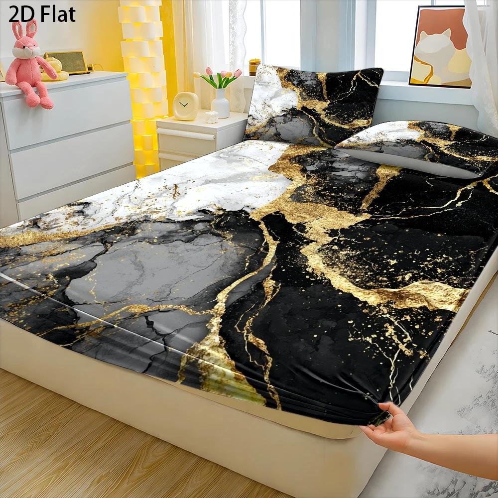 TEMU 3pcs Mattress Protector Set, 1pc Fitted Sheet And 2pcs Pillowcases (filling Not Included) 2d Flat Printing, Black Texture, Abstract , , Machine